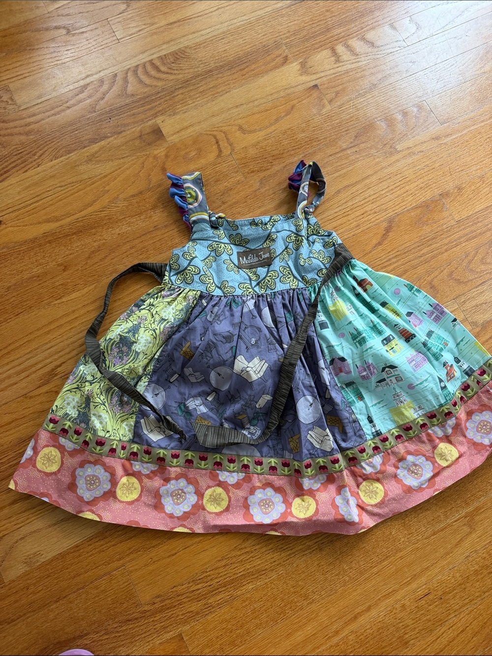 Matilda Jane Patchwork Floral & Town Print Dress - Blue, Mint,Purple Size 4
